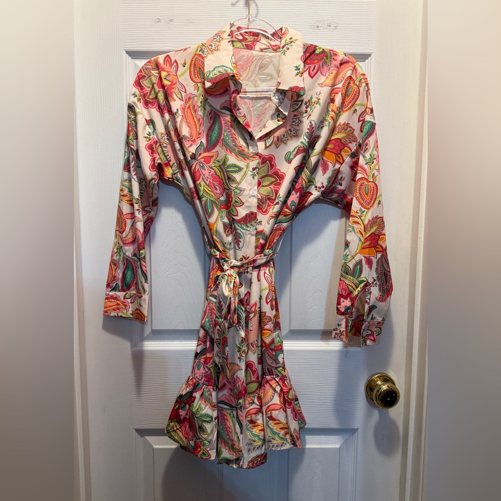 Pink Paisley Floral Tie-Waist Shirt Dress
